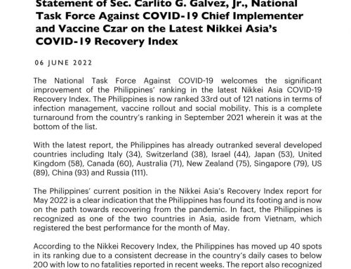 Statement of Sec. Carlito G. Galvez, Jr., National Task Force Against Covid-19 Chief Implementer and Vaccine Czar on the latest Nikkei Asia’s COVID-19 Recovery Index